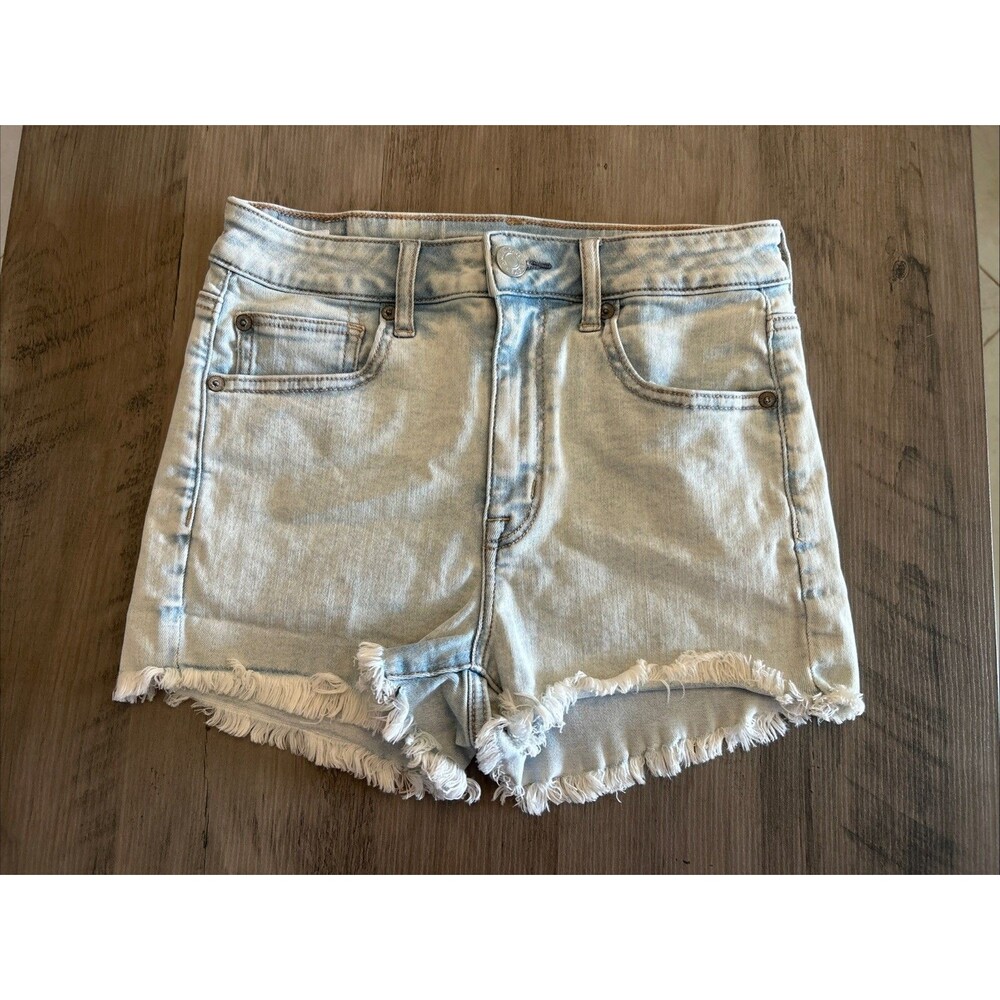 American Eagle Super High Rise Shortie Jean Shorts Raw Hem Light Wash Denim Sz 4